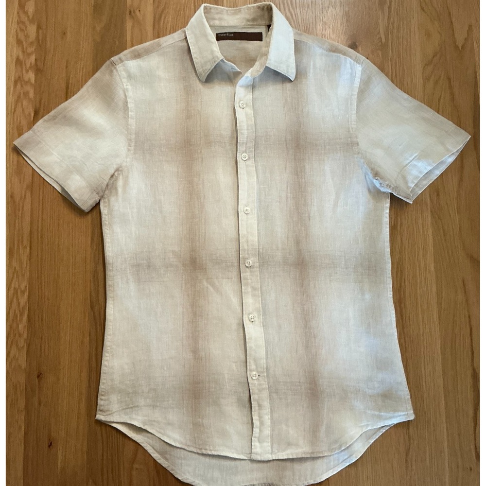 Perry Ellis 100% Linen Shirt Small Beige Sand Windowpane Short Sleeve